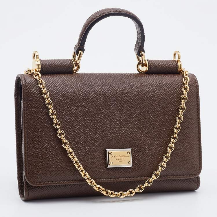 Pre Owned Dolce & Gabbana Brown Leather Miss Sicily Von Wallet on Chain