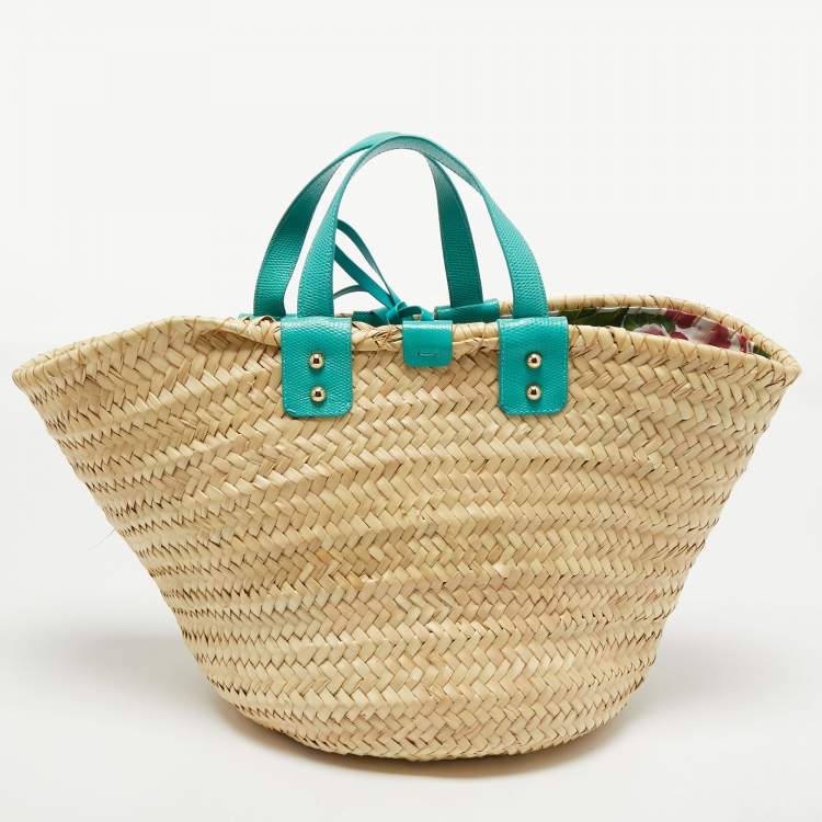 Pre Owned Dolce & Gabbana Green/Natural Raffia and Lizard Embossed Leather Kendra Tote