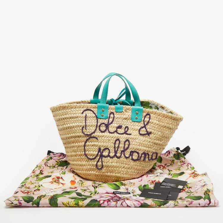 Pre Owned Dolce & Gabbana Green/Natural Raffia and Lizard Embossed Leather Kendra Tote