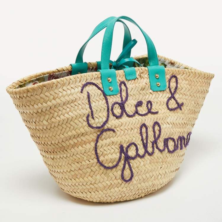 Pre Owned Dolce & Gabbana Green/Natural Raffia and Lizard Embossed Leather Kendra Tote
