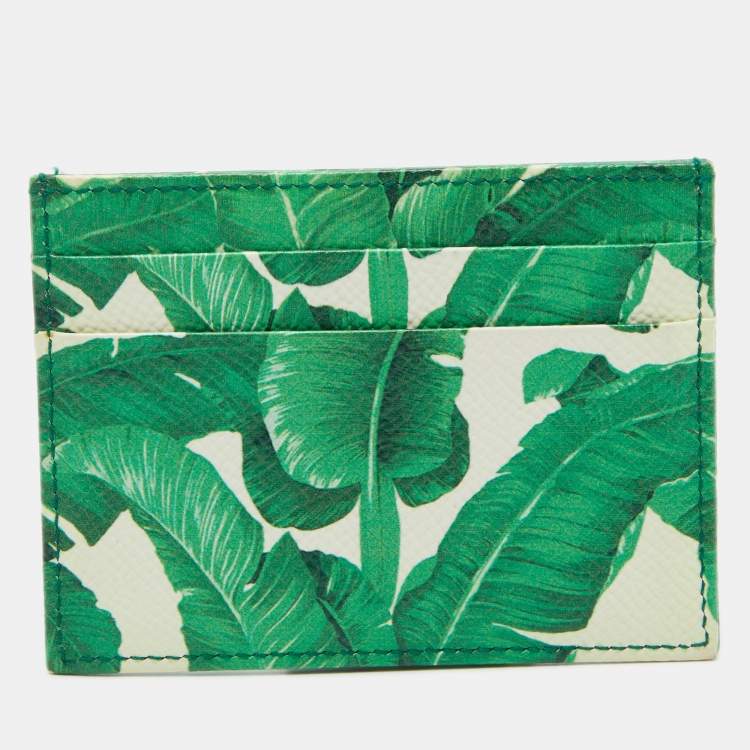Pre Owned Dolce & Gabbana White/Green Leather Banana Leaf Print Card Holder