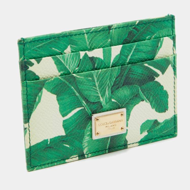 Pre Owned Dolce & Gabbana White/Green Leather Banana Leaf Print Card Holder