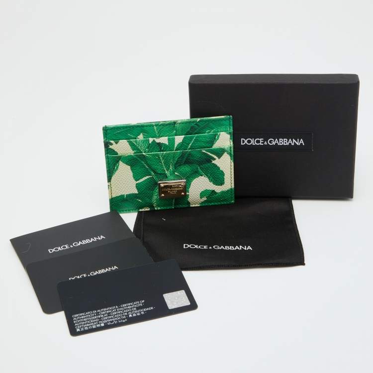 Pre Owned Dolce & Gabbana White/Green Leather Banana Leaf Print Card Holder