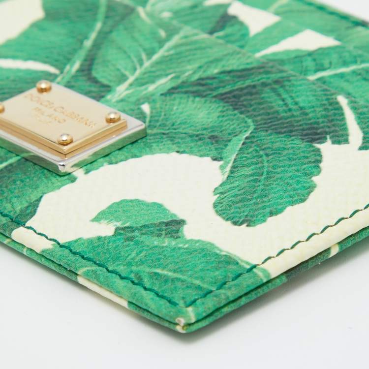 Pre Owned Dolce & Gabbana White/Green Leather Banana Leaf Print Card Holder
