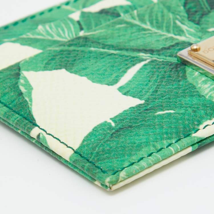 Pre Owned Dolce & Gabbana White/Green Leather Banana Leaf Print Card Holder