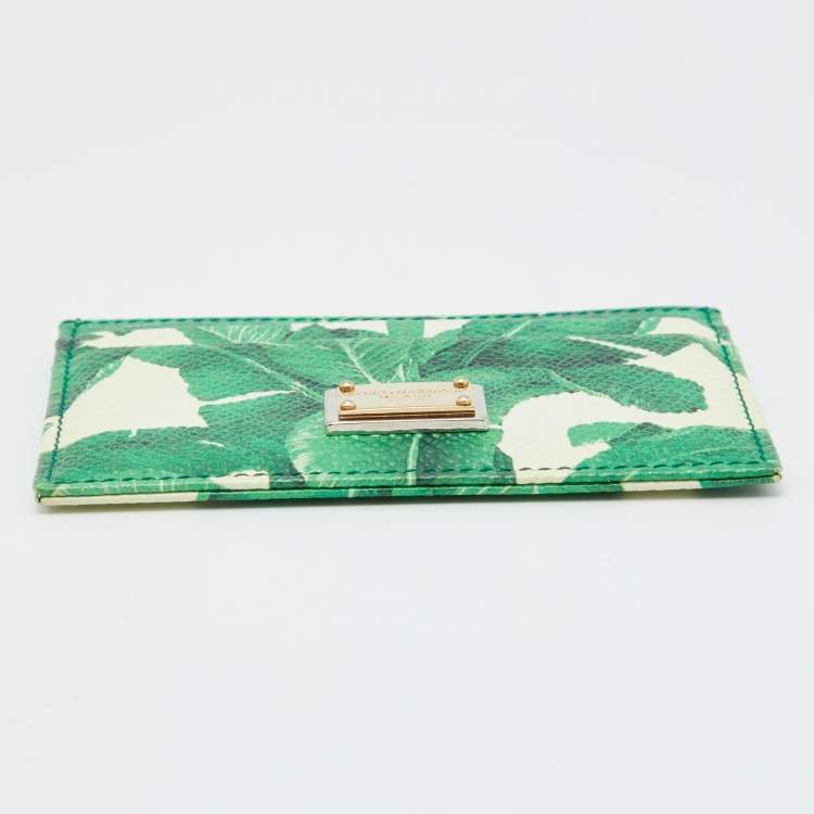 Pre Owned Dolce & Gabbana White/Green Leather Banana Leaf Print Card Holder