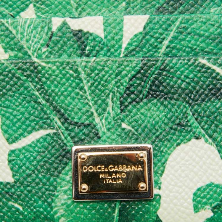 Pre Owned Dolce & Gabbana White/Green Leather Banana Leaf Print Card Holder