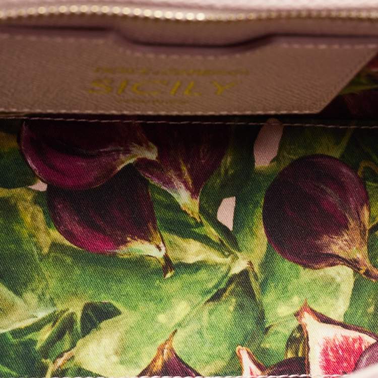 Pre Owned Dolce & Gabbana Pink Fig Print Leather Medium Embellished Sicily Top Handle Bag