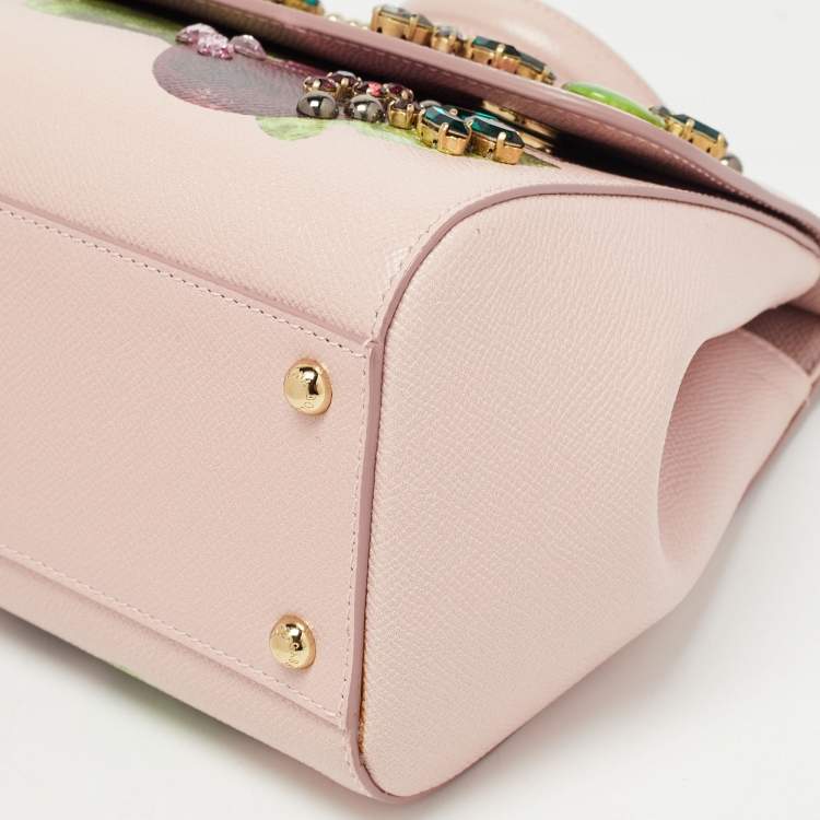 Pre Owned Dolce & Gabbana Pink Fig Print Leather Medium Embellished Sicily Top Handle Bag