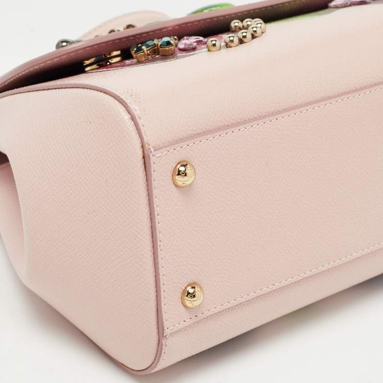 Pre Owned Dolce & Gabbana Pink Fig Print Leather Medium Embellished Sicily Top Handle Bag