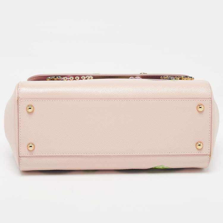 Pre Owned Dolce & Gabbana Pink Fig Print Leather Medium Embellished Sicily Top Handle Bag