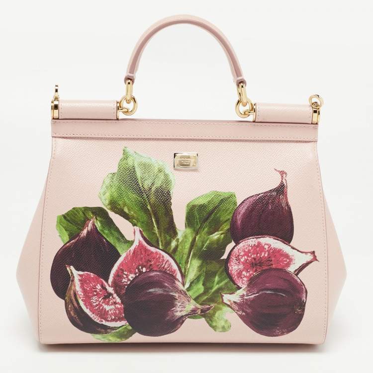 Pre Owned Dolce & Gabbana Pink Fig Print Leather Medium Embellished Sicily Top Handle Bag