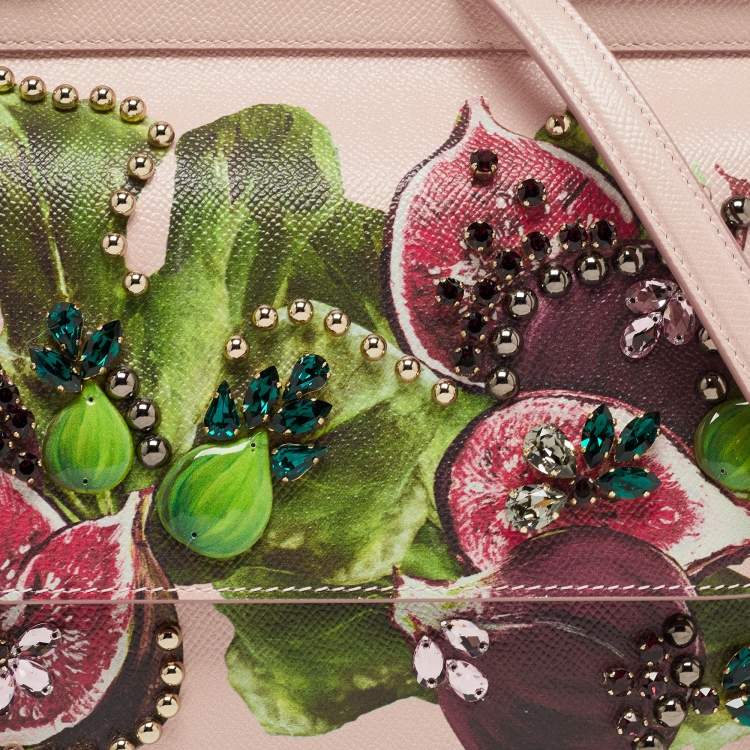 Pre Owned Dolce & Gabbana Pink Fig Print Leather Medium Embellished Sicily Top Handle Bag