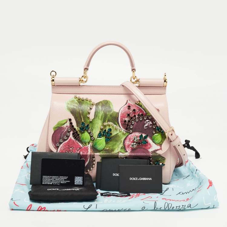 Pre Owned Dolce & Gabbana Pink Fig Print Leather Medium Embellished Sicily Top Handle Bag
