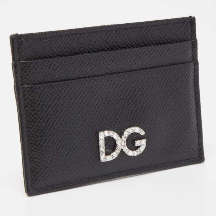 Pre Owned Dolce & Gabbana Black Leather DG Crystals Card Holder