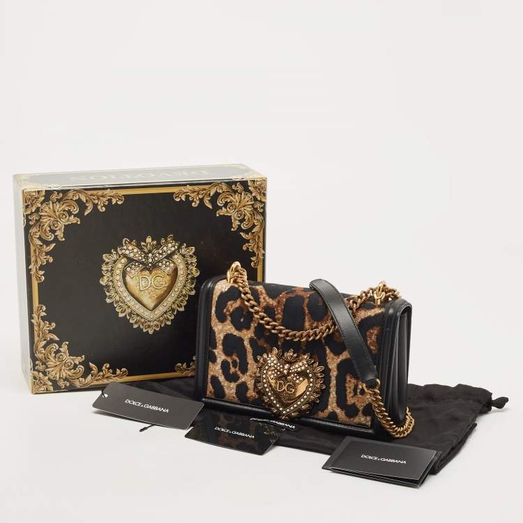 Pre Owned Dolce & Gabbana Black/Brown Leopard Print Canvas and Leather Medium Devotion Shoulder Bag