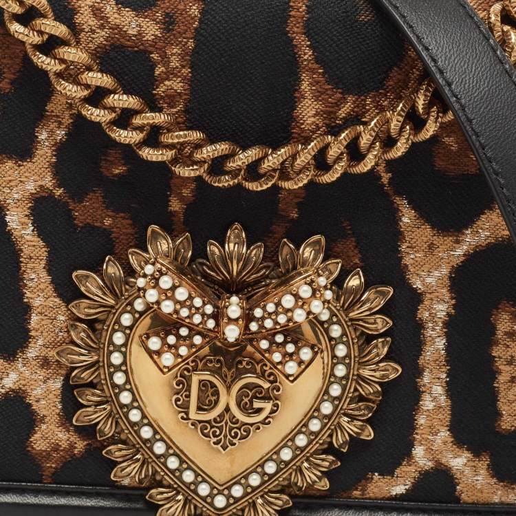 Pre Owned Dolce & Gabbana Black/Brown Leopard Print Canvas and Leather Medium Devotion Shoulder Bag