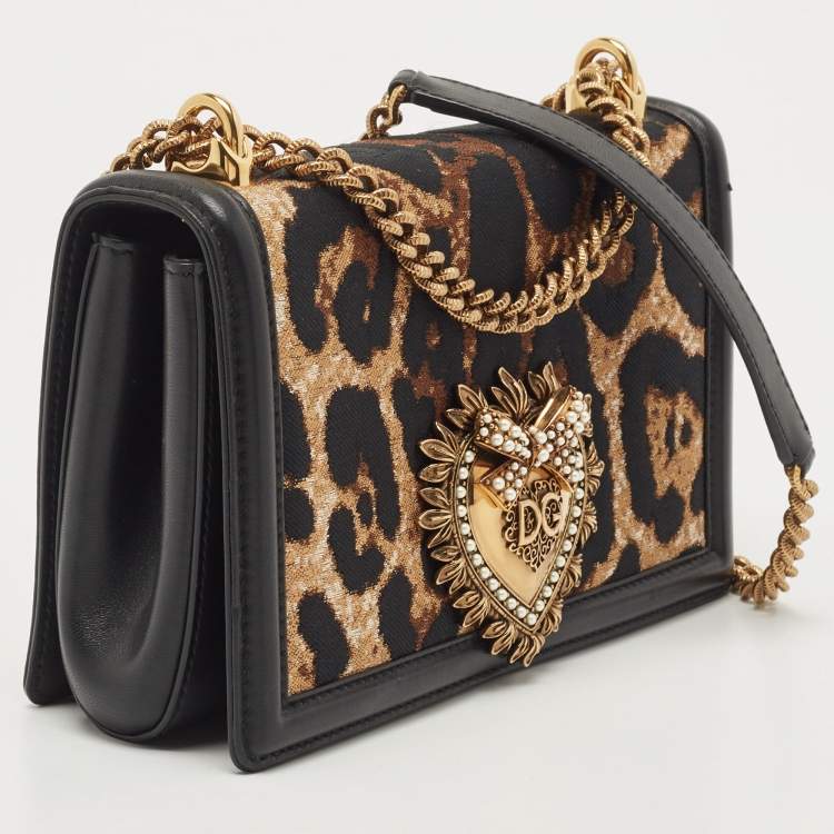 Pre Owned Dolce & Gabbana Black/Brown Leopard Print Canvas and Leather Medium Devotion Shoulder Bag