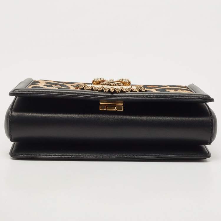 Pre Owned Dolce & Gabbana Black/Brown Leopard Print Canvas and Leather Medium Devotion Shoulder Bag