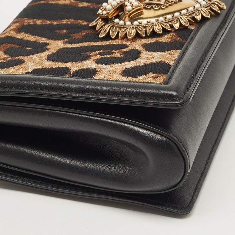 Pre Owned Dolce & Gabbana Black/Brown Leopard Print Canvas and Leather Medium Devotion Shoulder Bag