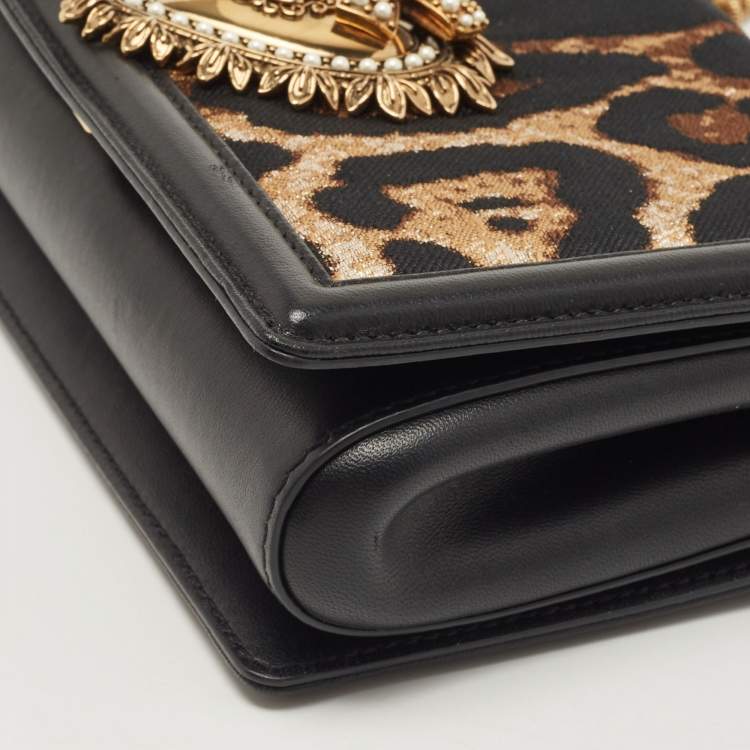 Pre Owned Dolce & Gabbana Black/Brown Leopard Print Canvas and Leather Medium Devotion Shoulder Bag