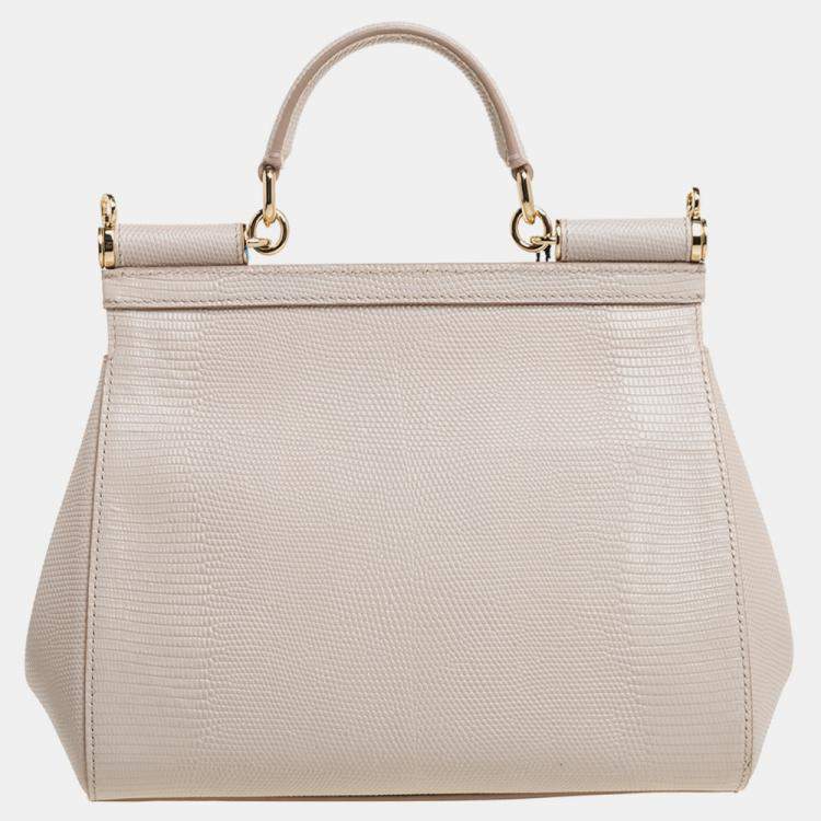 Pre Owned Dolce & Gabbana Beige Lizard Embossed Leather Crystal DG Logo Medium Miss Sicily Bag