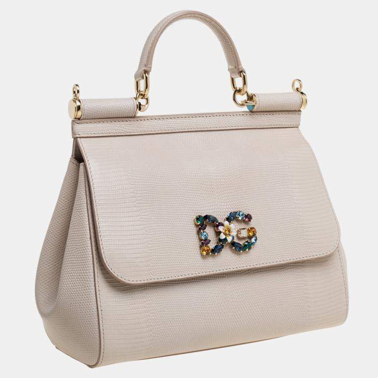 Pre Owned Dolce & Gabbana Beige Lizard Embossed Leather Crystal DG Logo Medium Miss Sicily Bag
