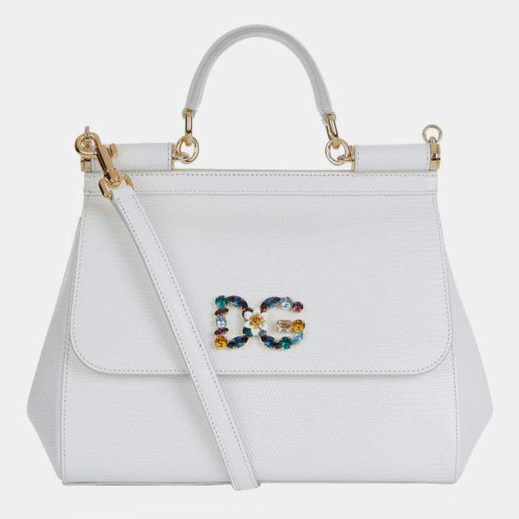 Pre Owned Dolce & Gabbana White - Inguana Embossed Leather - Crystal DG Logo Medium Miss Sicily Bag