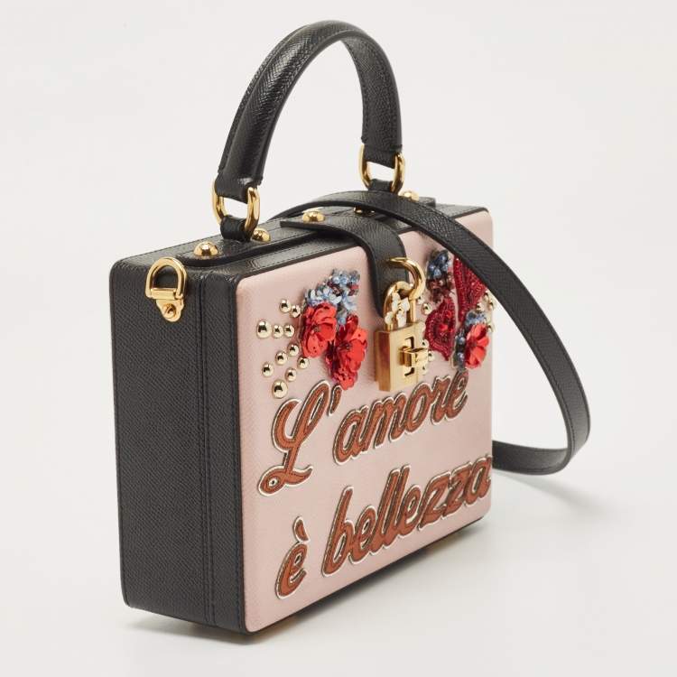 Pre Owned Dolce & Gabbana Pink/Black Embellished Leather Box L' Amore Top Handle Bag