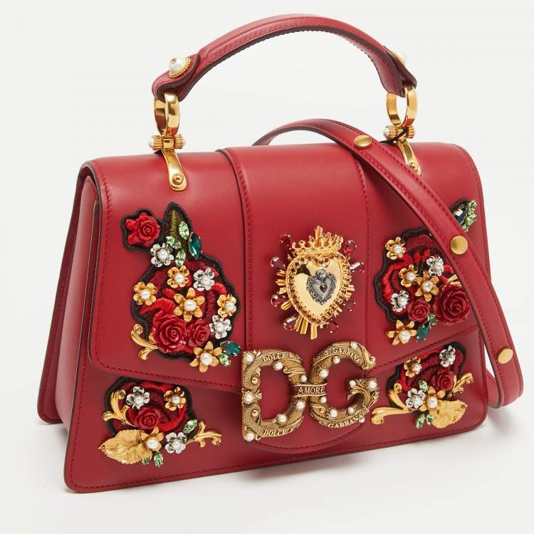مملوكة مسبقًا Dolce & Gabbana Red Leather DG Amore Crystals Top Handle Bag