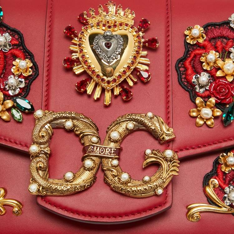 مملوكة مسبقًا Dolce & Gabbana Red Leather DG Amore Crystals Top Handle Bag