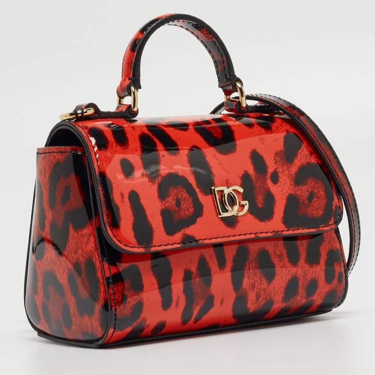 Pre Owned Dolce & Gabbana Bambino Red/Black Leopard Print Patent Leather Mini Sicily Top Handle Bag