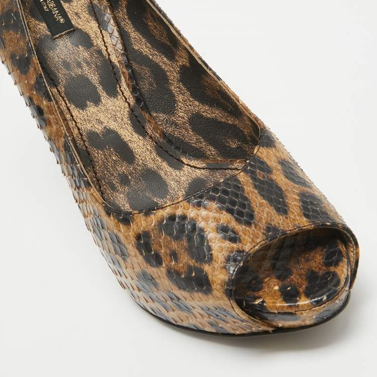 Pre Owned Dolce & Gabbana Brown/Black Leopard Print Python Open Toe Platform Pumps Size 41