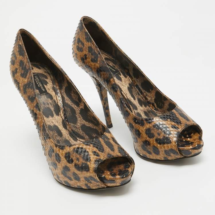 Pre Owned Dolce & Gabbana Brown/Black Leopard Print Python Open Toe Platform Pumps Size 41
