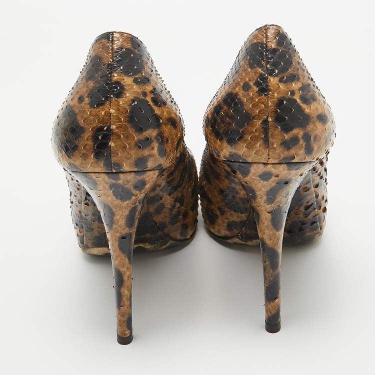 Pre Owned Dolce & Gabbana Brown/Black Leopard Print Python Open Toe Platform Pumps Size 41