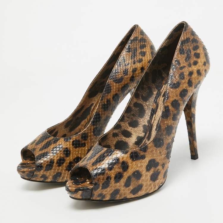 Pre Owned Dolce & Gabbana Brown/Black Leopard Print Python Open Toe Platform Pumps Size 41