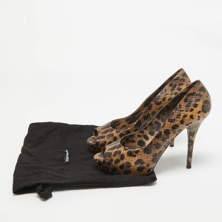 Pre Owned Dolce & Gabbana Brown/Black Leopard Print Python Open Toe Platform Pumps Size 41