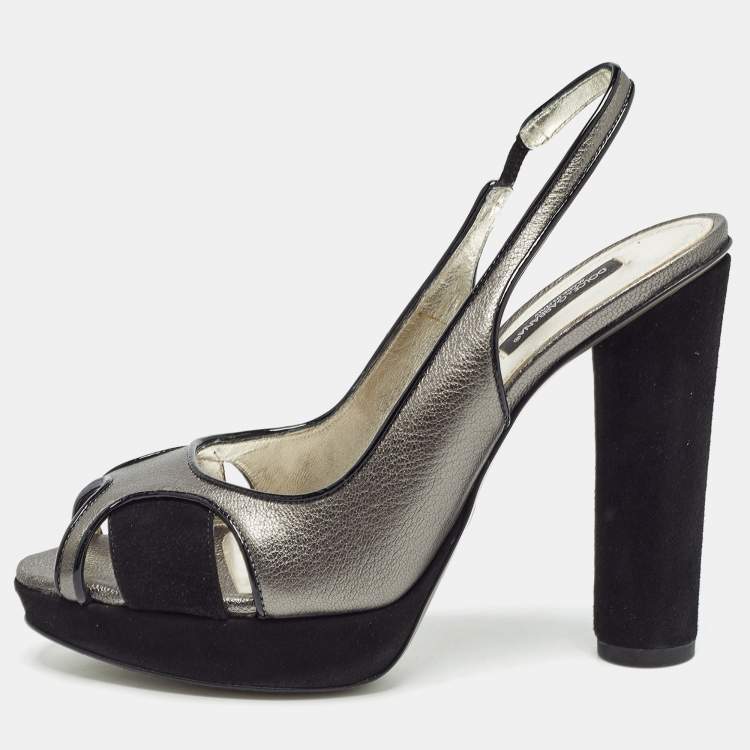 Pre Owned Dolce & Gabbana Metallic Grey/Black Leather and Suede Platform Slingback Sandals Size 38.5