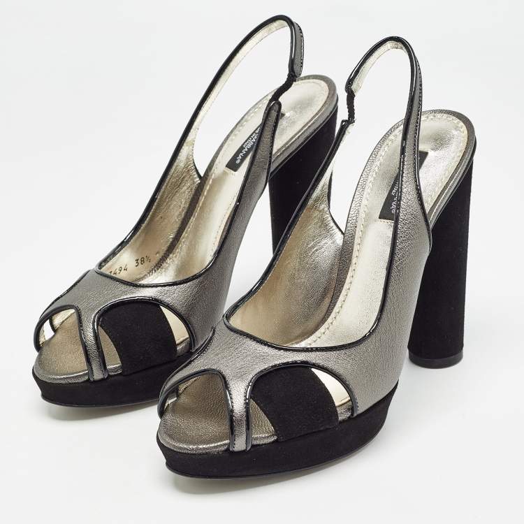 Pre Owned Dolce & Gabbana Metallic Grey/Black Leather and Suede Platform Slingback Sandals Size 38.5