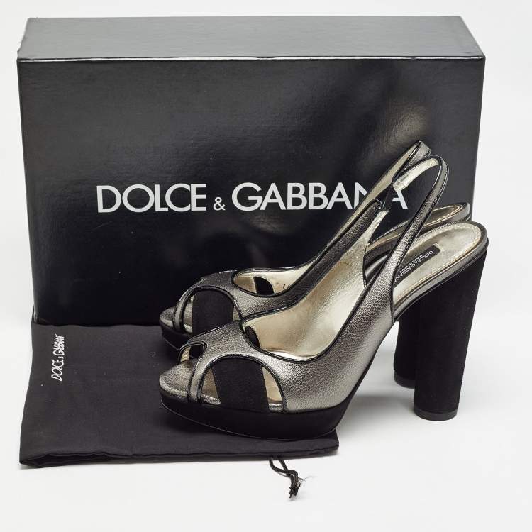 Pre Owned Dolce & Gabbana Metallic Grey/Black Leather and Suede Platform Slingback Sandals Size 38.5