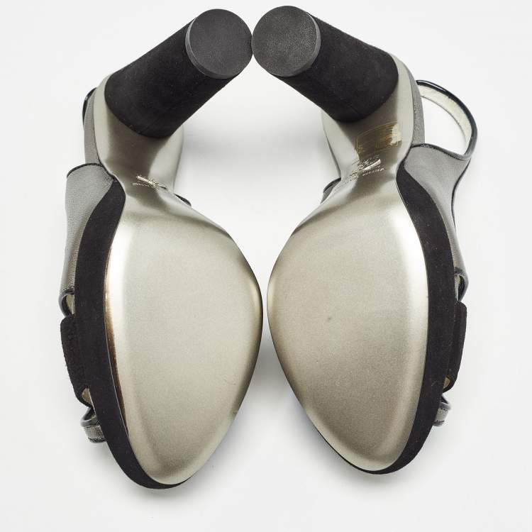 Pre Owned Dolce & Gabbana Metallic Grey/Black Leather and Suede Platform Slingback Sandals Size 38.5