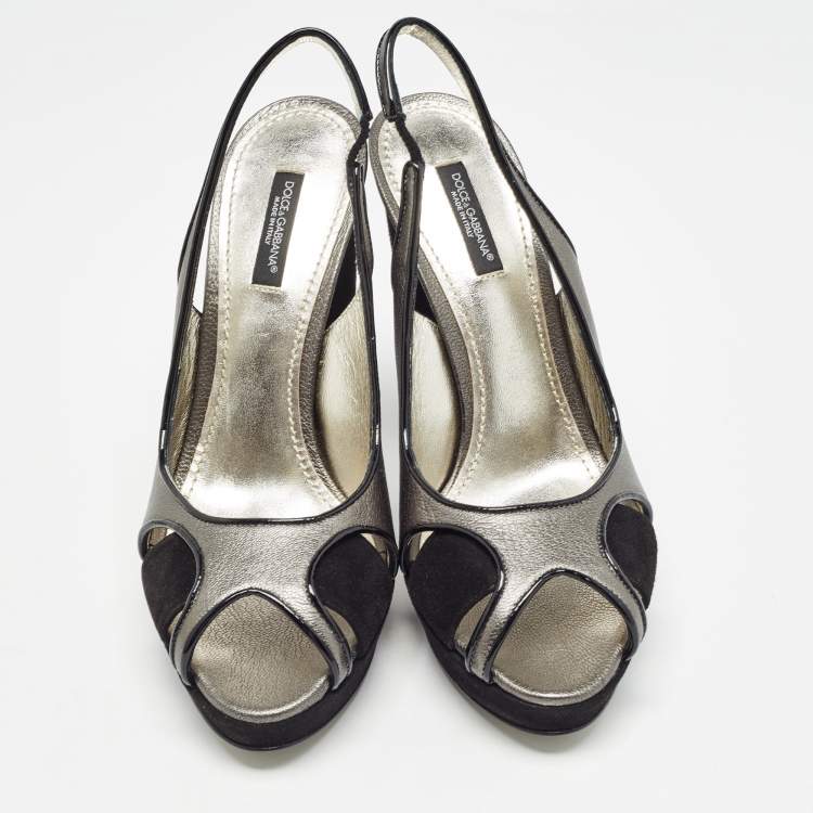 Pre Owned Dolce & Gabbana Metallic Grey/Black Leather and Suede Platform Slingback Sandals Size 38.5