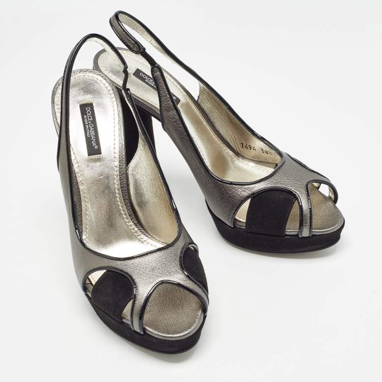 Pre Owned Dolce & Gabbana Metallic Grey/Black Leather and Suede Platform Slingback Sandals Size 38.5