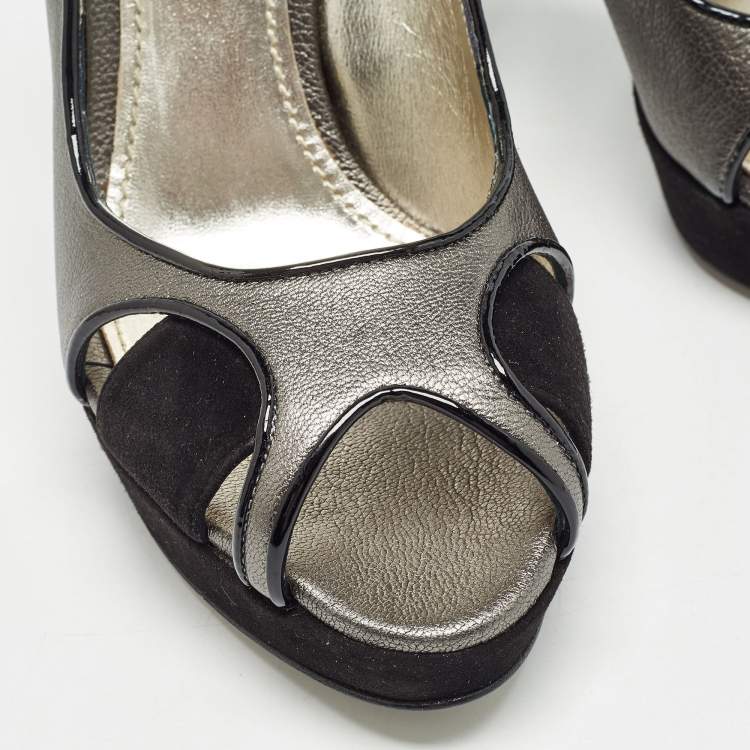 Pre Owned Dolce & Gabbana Metallic Grey/Black Leather and Suede Platform Slingback Sandals Size 38.5