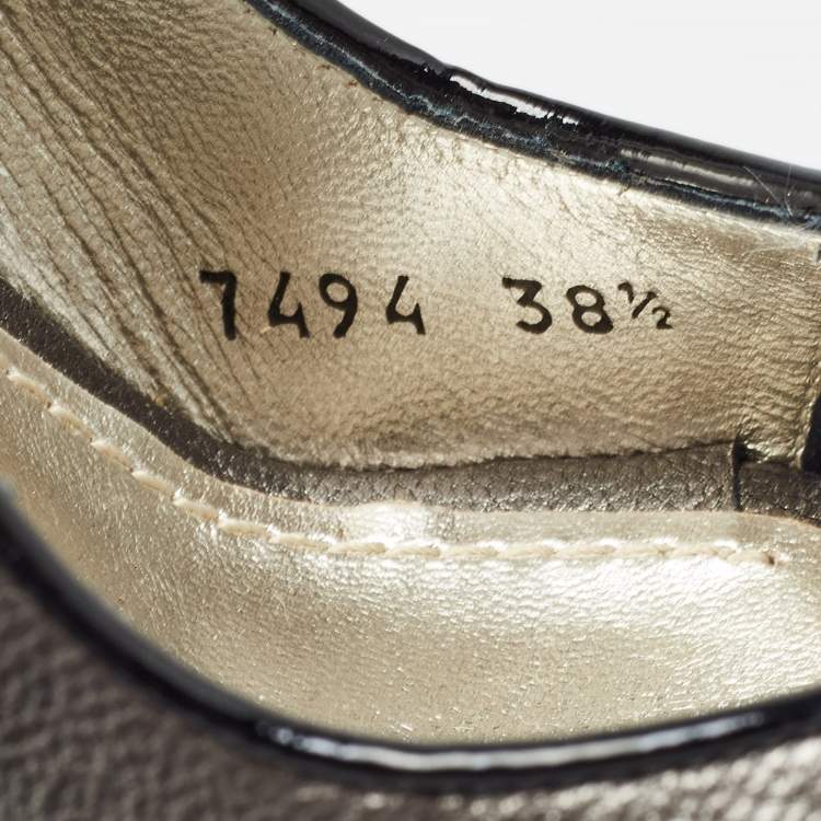 Pre Owned Dolce & Gabbana Metallic Grey/Black Leather and Suede Platform Slingback Sandals Size 38.5