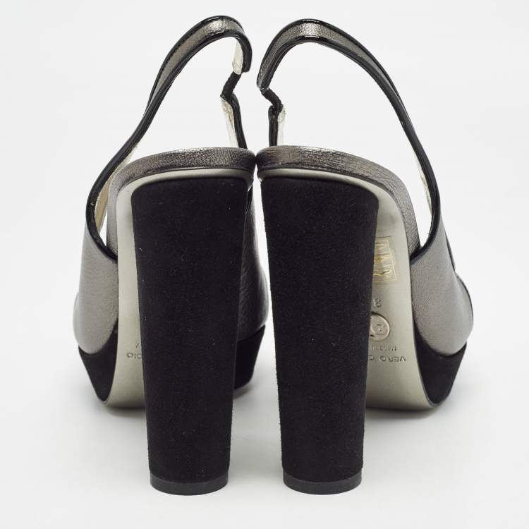 Pre Owned Dolce & Gabbana Metallic Grey/Black Leather and Suede Platform Slingback Sandals Size 38.5