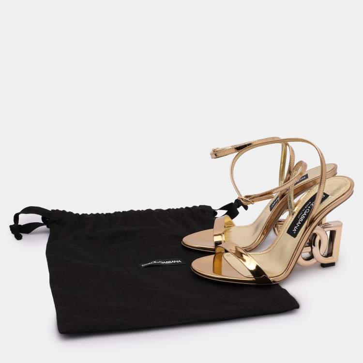 Pre Owned Dolce & Gabbana Gold Leather Keira Ankle Strap Sandals Size 37