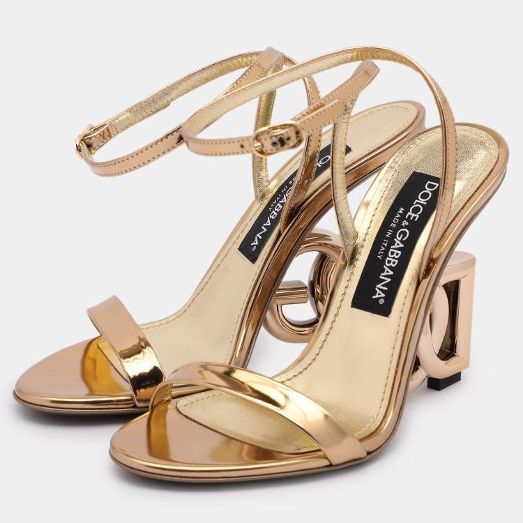 Pre Owned Dolce & Gabbana Gold Leather Keira Ankle Strap Sandals Size 37