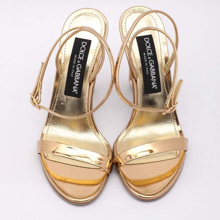 Pre Owned Dolce & Gabbana Gold Leather Keira Ankle Strap Sandals Size 37