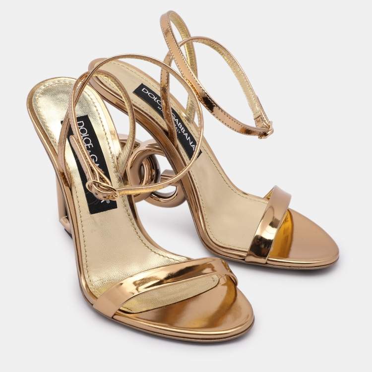 Pre Owned Dolce & Gabbana Gold Leather Keira Ankle Strap Sandals Size 37